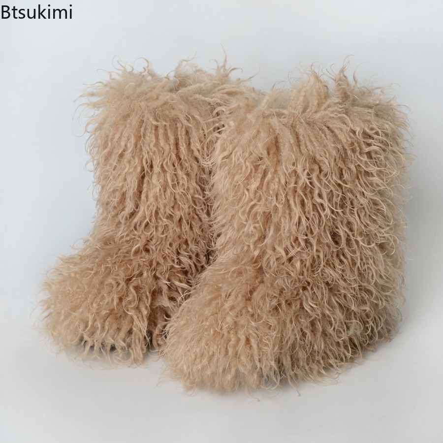 Street Fashion Y2K - Damskie modne botki z mongolskiego futra,